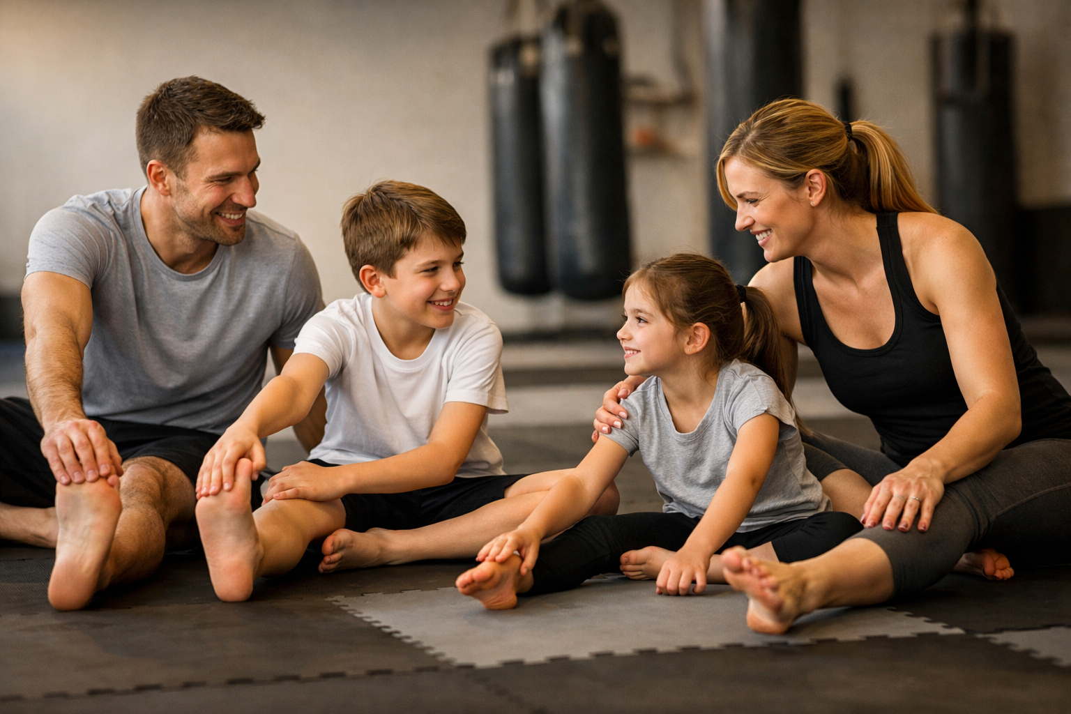 Family warming up together before a kickboxing class at Lions Fight martial arts gym in Brookly