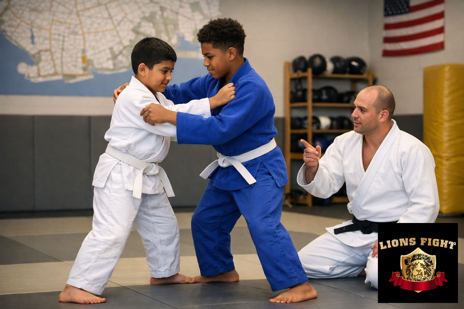 Kids and teens training in judo classes in Brooklyn at Lions Fight
