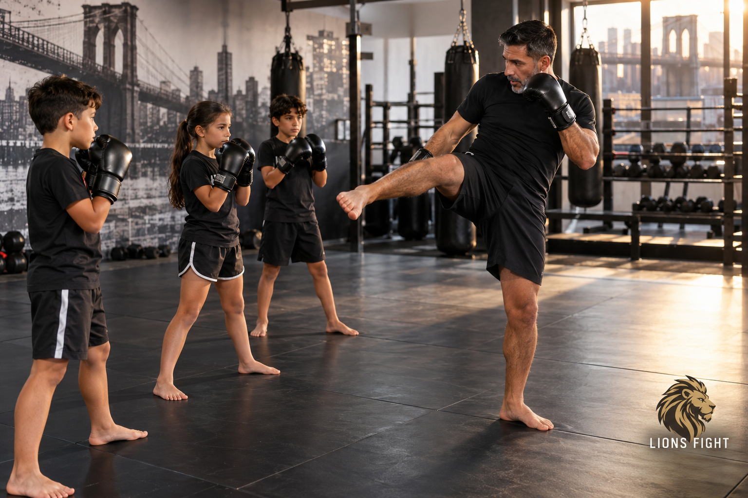 Kids martial arts in South Brooklyn class practicing focus and technique at Lions Fight